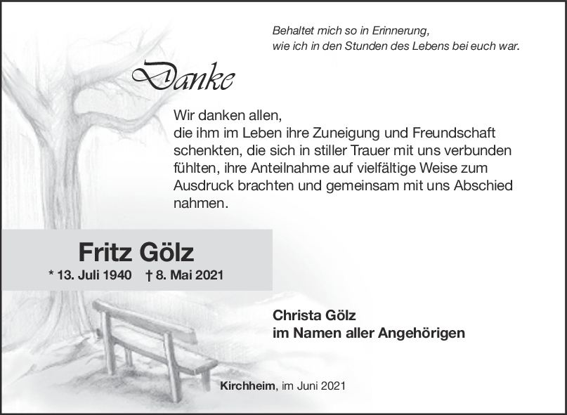 Danksagung Fritz Gölz <br><p style=