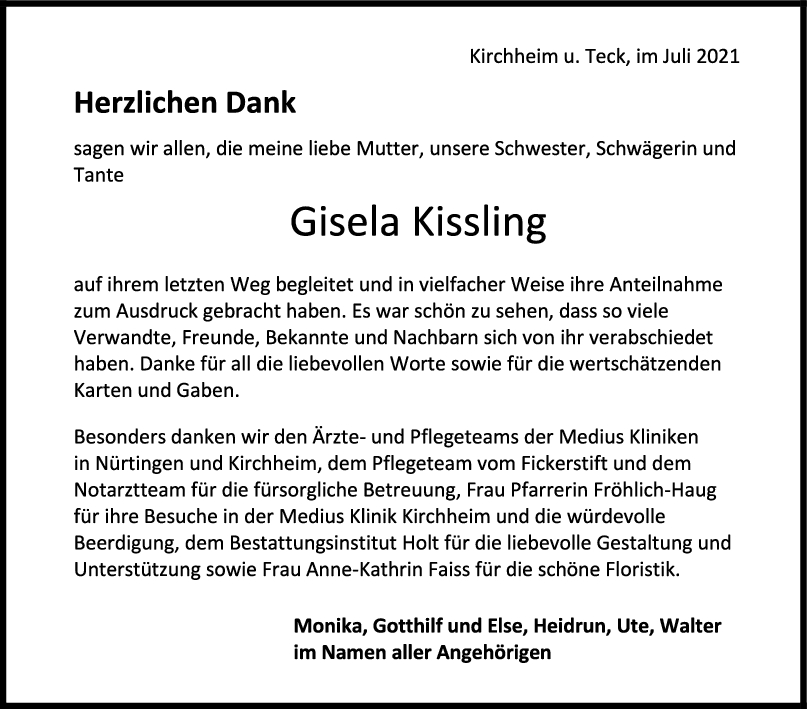 Danksagung Gisela Kissling <br><p style=