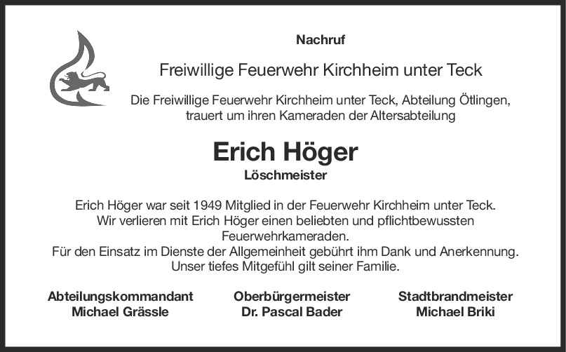 Nachruf Erich Höger <br><p style=