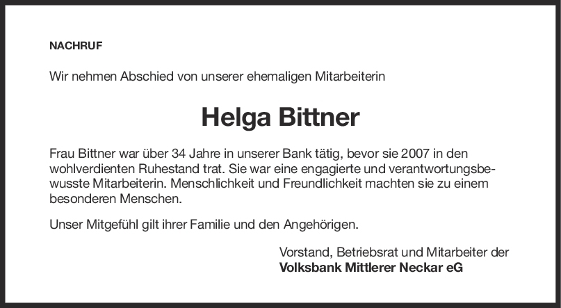 Nachruf Helga Bittner <br><p style=
