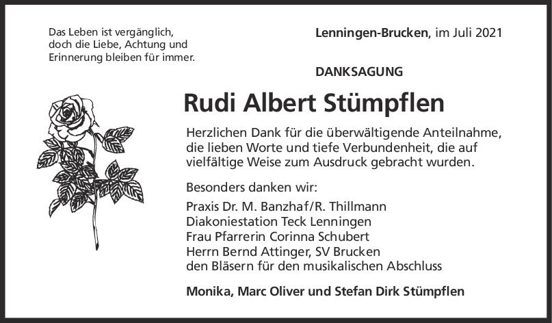 Danksagung Rudi Albert Stümpflen <br><p style=