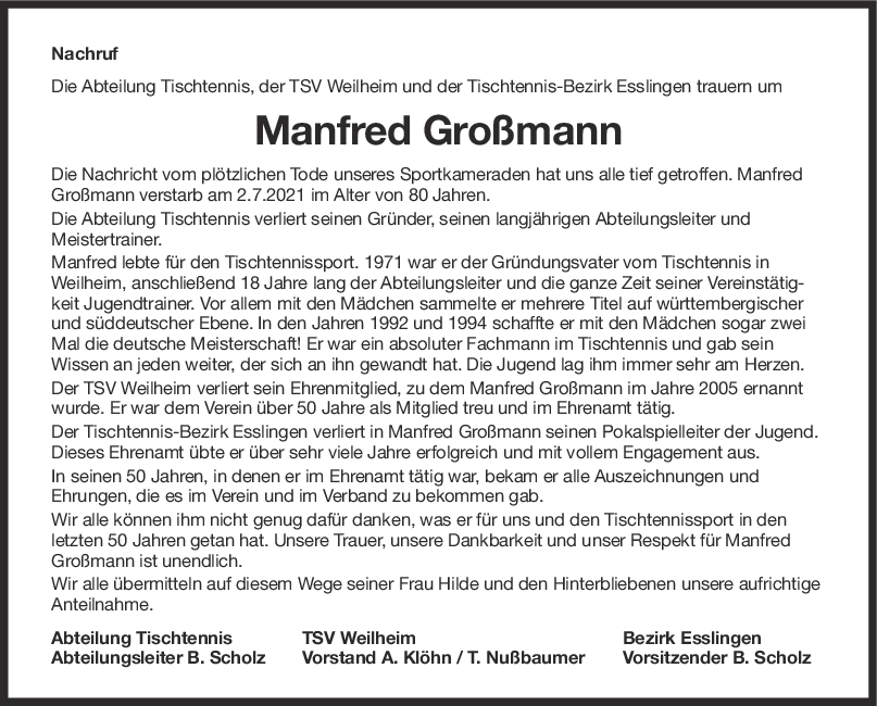Nachruf Manfred Großmann <br><p style=