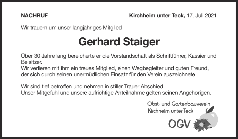Nachruf Gerhard Staiger <br><p style=