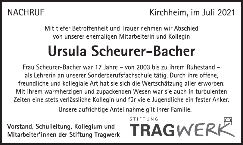 Nachruf Ursula Scheurer-Bacher<br><p style=