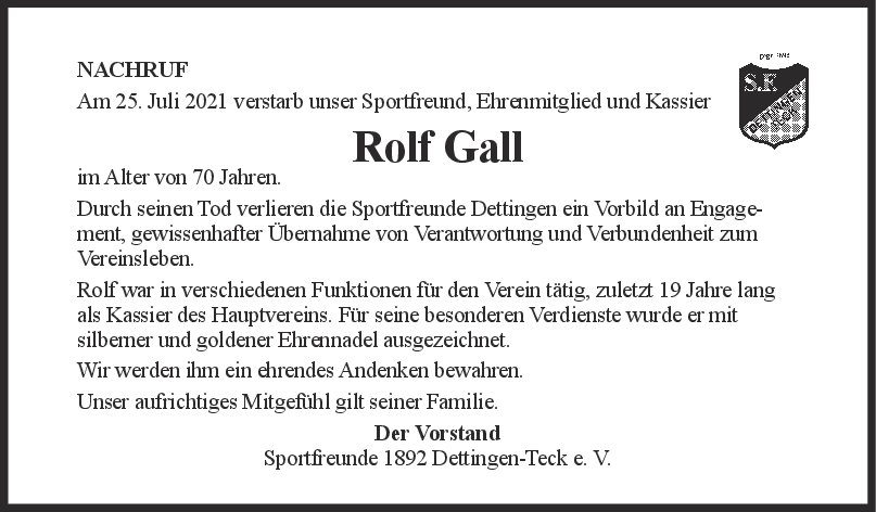 Nachruf Rolf Gall <br><p style=