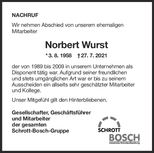 Nachruf Norbert Wurst <br><p style=