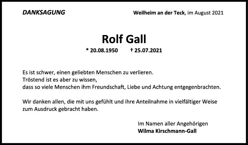 Danksagung Rolf Gall <br><p style=