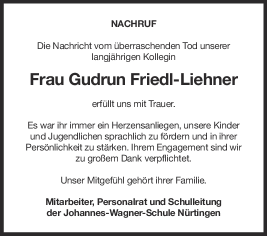 Nachruf Gudrun Friedl-Liehner <br><p style=