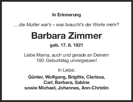 Nachruf Barbara Zimmer <br><p style=