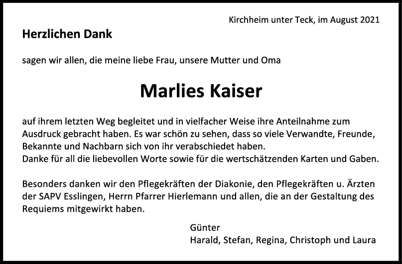 Danksagung Marlies Kaiser <br><p style=