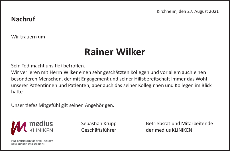 Nachruf Rainer Wilker <br><p style=