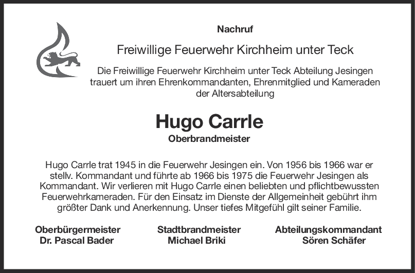 Nachruf Hugo Carrle <br><p style=