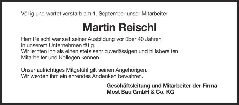Nachruf Martin Reischl <br><p style=