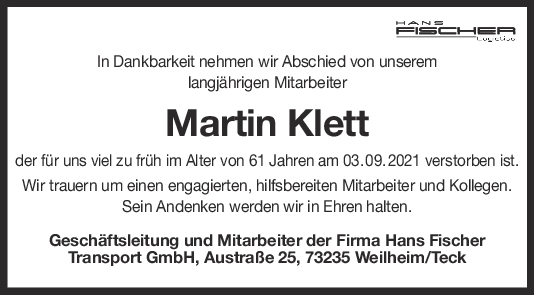 Nachruf Martin Klett <br><p style=