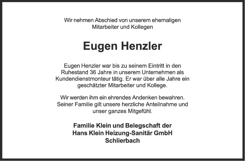 Nachruf Eugen Henzler <br><p style=