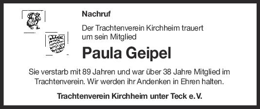 Nachruf Paula Geipel <br><p style=