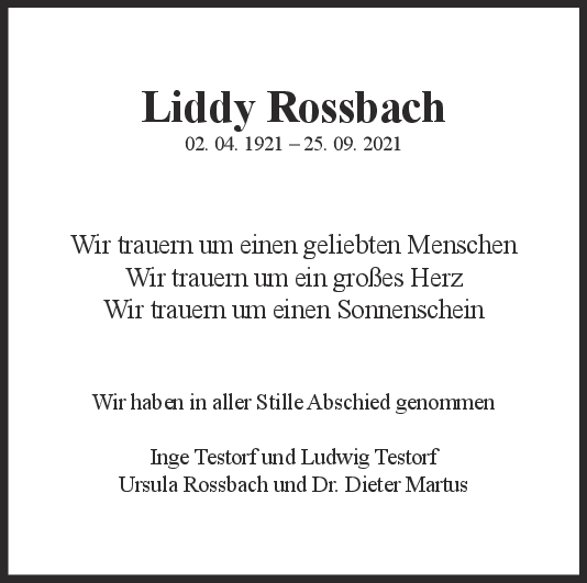 Trauer Liddy Rossbach <br><p style=