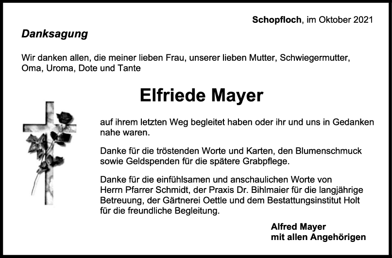 Danksagung Elfriede Mayer <br><p style=