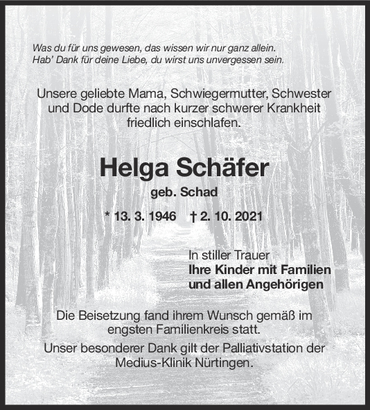 Trauer Helga Schäfer <br><p style=