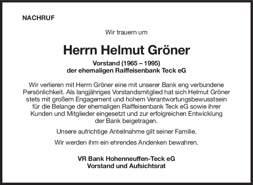 Nachruf Helmut Gröner <br><p style=