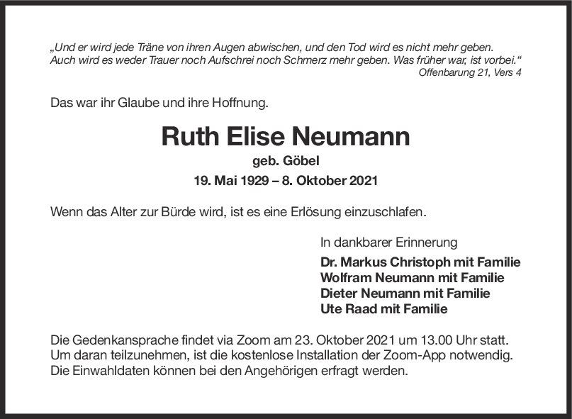 Trauer Ruth Elise Neumann <br><p style=