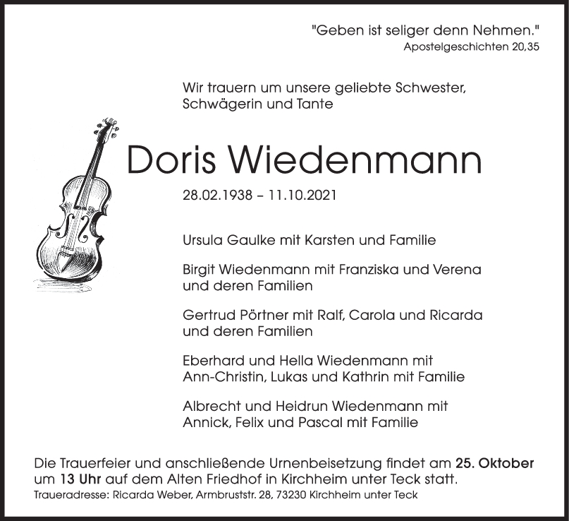 Trauer Doris Wiedenmann <br><p style=