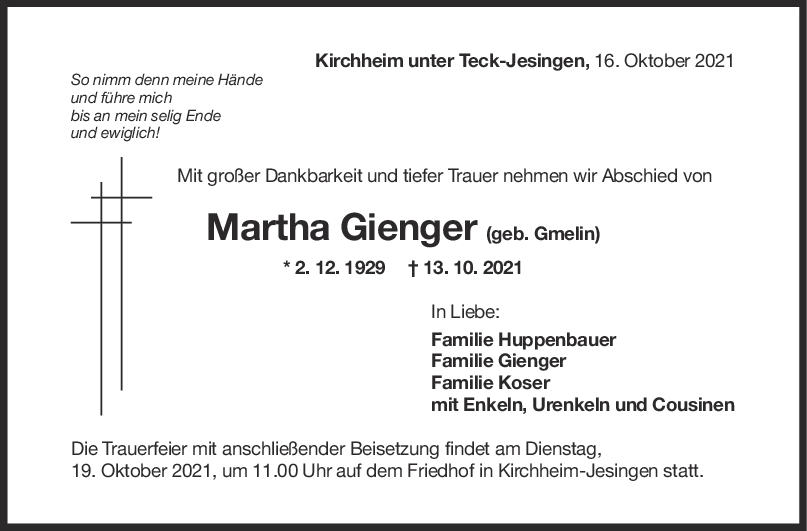 Trauer Martha Gienger <br><p style=