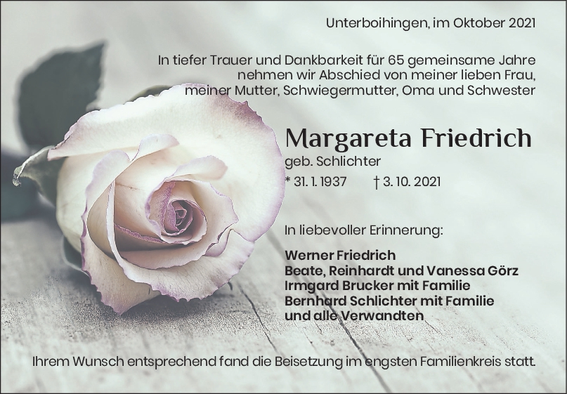 Trauer Margarete Friedrich <br><p style=