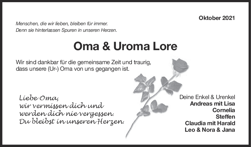 Nachruf Oma & Uroma Lore Scheel <br><p style=