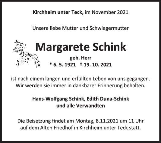 Trauer Margarete Schink <br><p style=