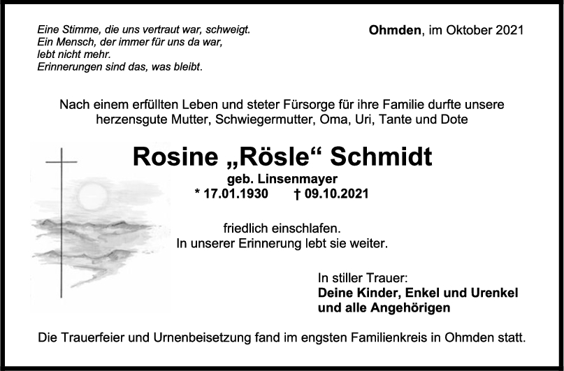 Trauer Rosine Schmidt <br><p style=