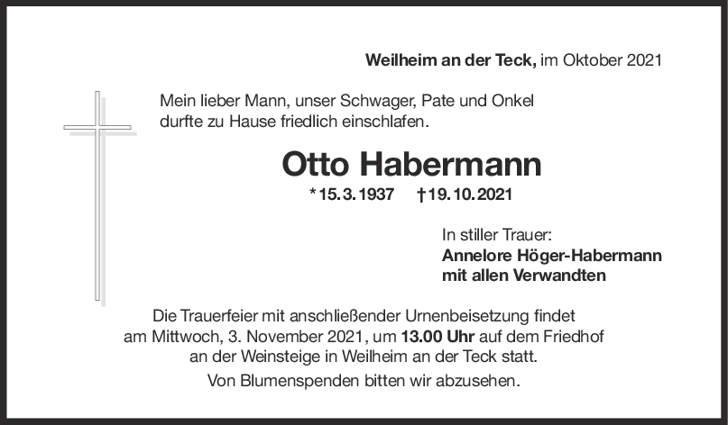 Trauer Otto Habermann <br><p style=