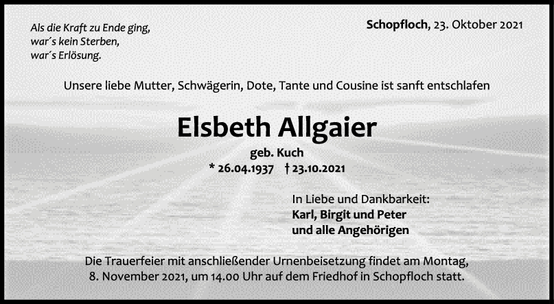 Trauer Elsbeth Allgaier <br><p style=