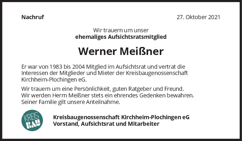 Nachruf Werner Meißner <br><p style=