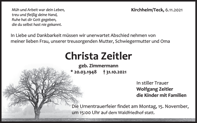 Trauer Christa Zeitler <br><p style=