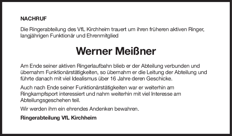Nachruf Werner Meißner <br><p style=