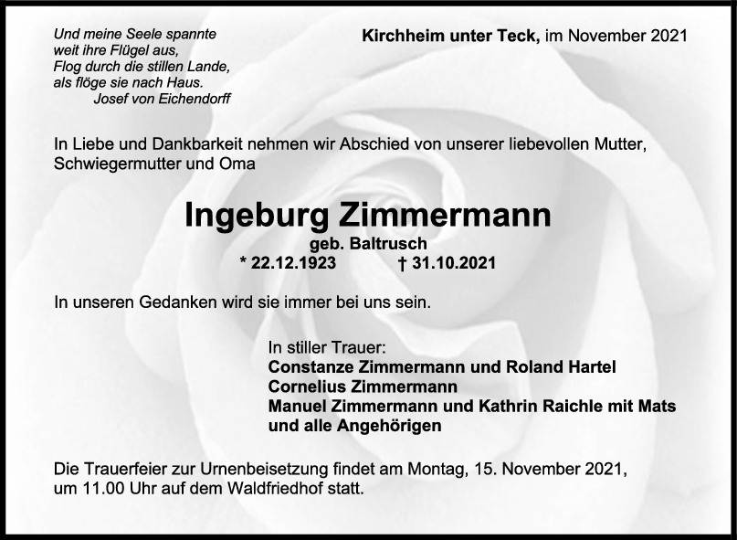 Trauer Ingeburg Zimmermann <br><p style=