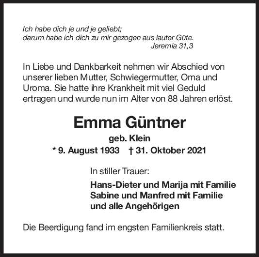 Trauer Emma Güntner <br><p style=