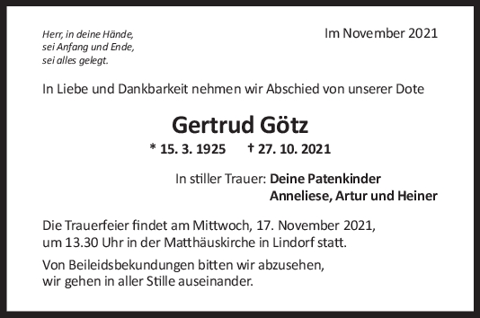 Trauer Gertrud Götz <br><p style=