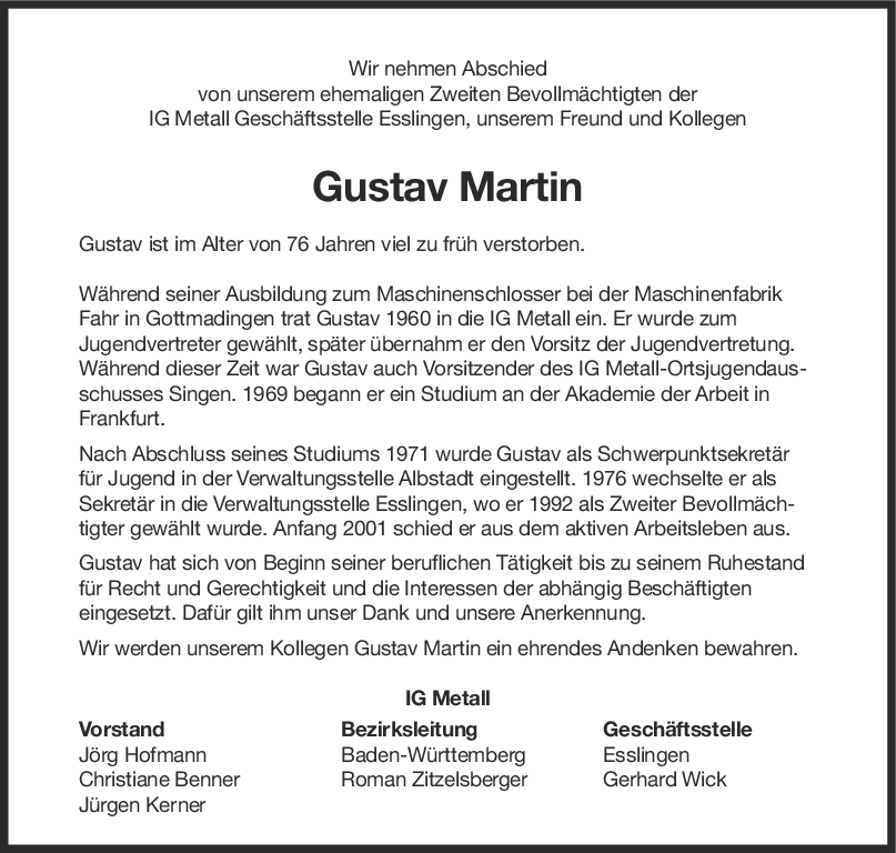 Nachruf Gustav Martin <br><p style=