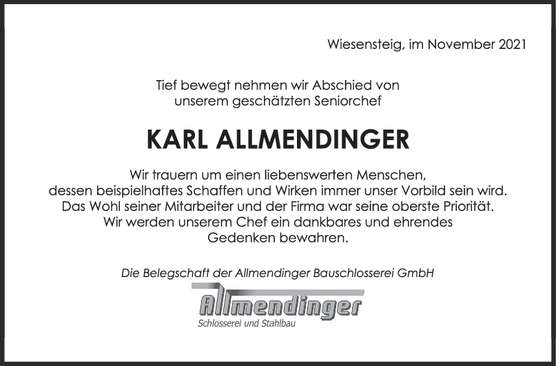 Nachruf Karl Allmendinger <br><p style=
