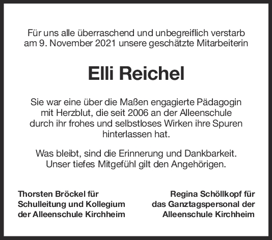 Nachruf Elli Reichel <br><p style=