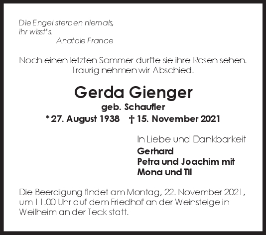 Trauer Gerda Gienger <br><p style=