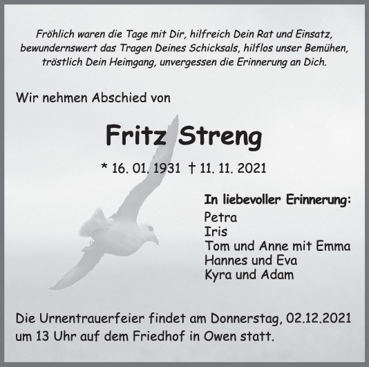 Trauer Fritz Streng <br><p style=