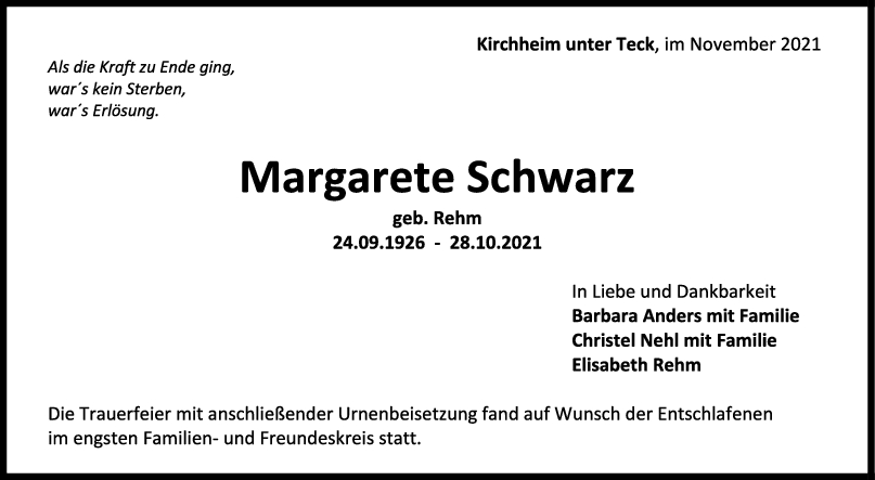 Trauer Margarete Schwarz <br><p style=