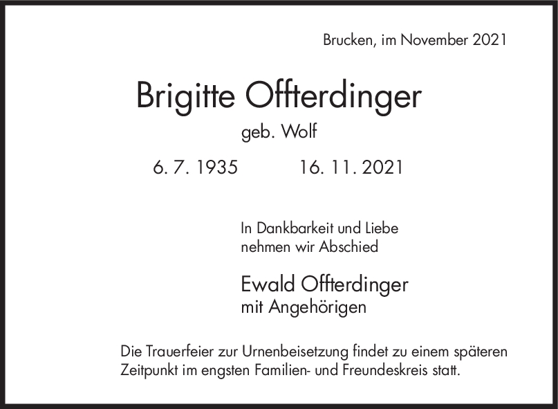 Trauer Brigitte Offterdinger <br><p style=
