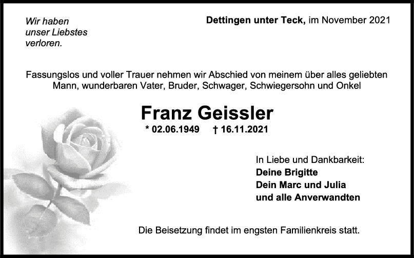 Trauer Franz Geissler <br><p style=