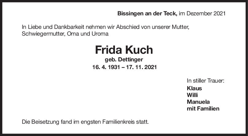 Trauer Frida Kuch <br><p style=
