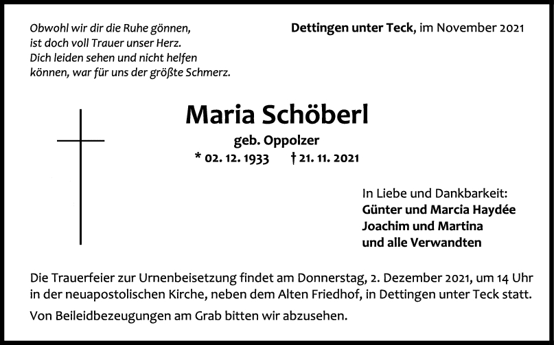 Trauer Maria Schöberl <br><p style=