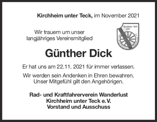Nachruf Günther Dick <br><p style=
